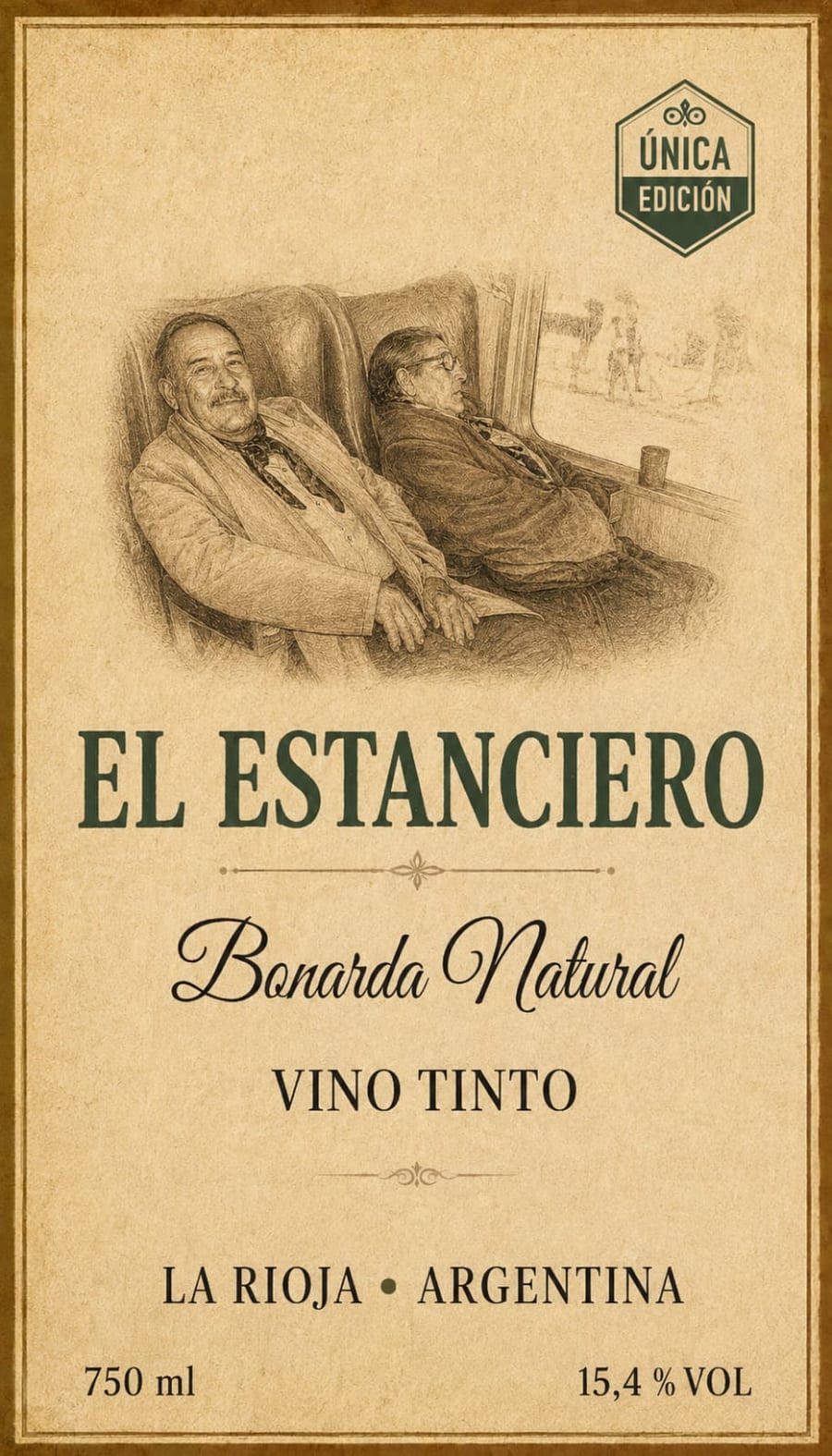 Etiqueta de El Estanciero con el grabado de los dos hombres viajando