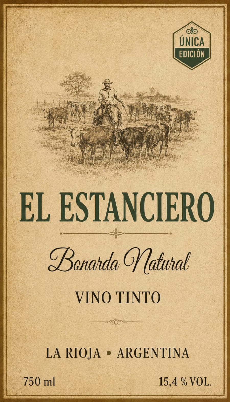 Etiqueta de El Estanciero con el grabado del hombre a caballo arreando el ganado