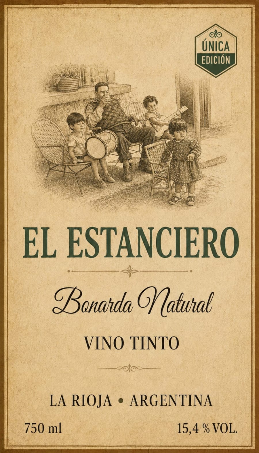Etiqueta de El Estanciero con el grabado de la familia reunida con el bombo y la guitarra